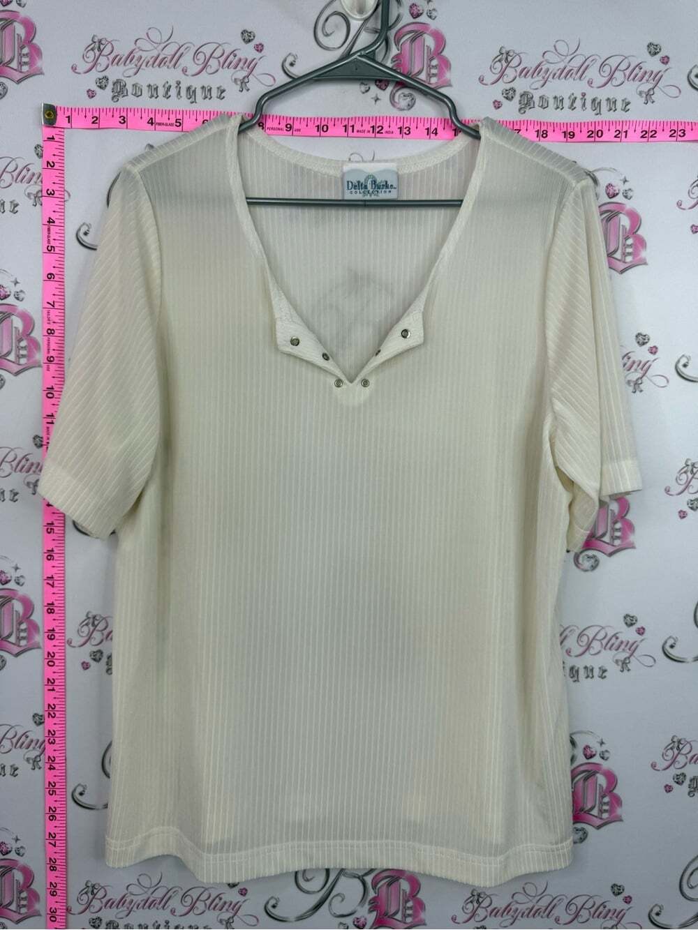 Delta Burke Canada Cream Short-Sleeve V-Neck Top with Grommet Detail